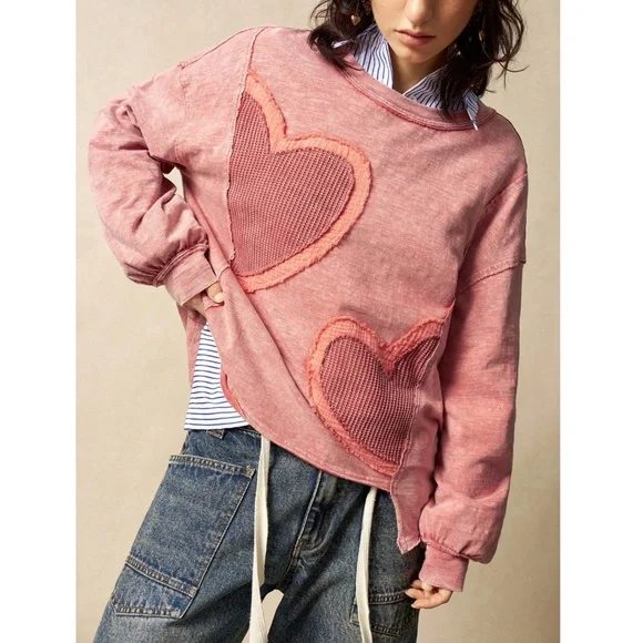 100% Cotton Pink Heart Appliqué Oversized Sweatshirt - Picture 3 of 8